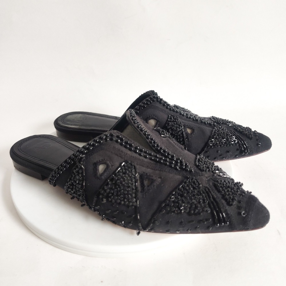 Anthropologie A.D & Daughters Mules Size 6 Flats Pointy Toe Beaded Black Slip-on